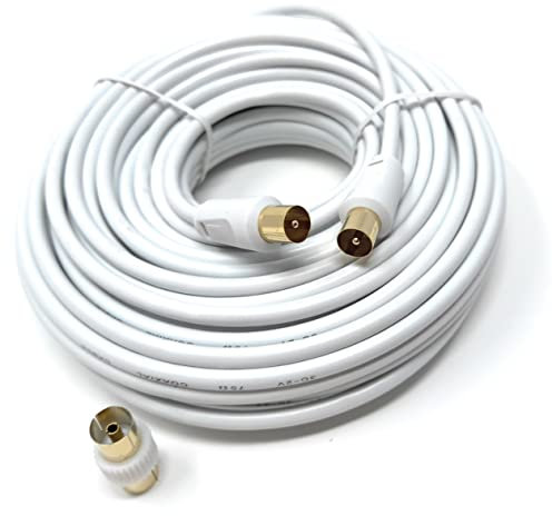 DRUT 20m TV RF Male to Male Aerial Antenna Coaxial Cable With Female to Female Coupler Gold Connectors 75 ohm 3C2V 65ft White