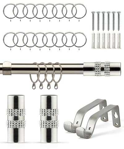 Emma Barclay Extendable Curtain Pole With Finials Rings Brackets & Fittings Sets 16-19mm in Brushed Silver Metal Curtain Poles For Eyelet Curtains Rod - Diamante Collection 1.2m - 2.1m Brushed Silver