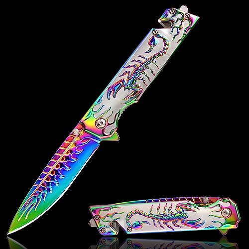 Vividstill Taschenmesser für Männer, cool Klappmesser mit 3D Skorpione Reliefgravur, gute Geschenk Edc Messer für Männer Outdoor Überleben Camping Wandern Jagdmesser (bunte)