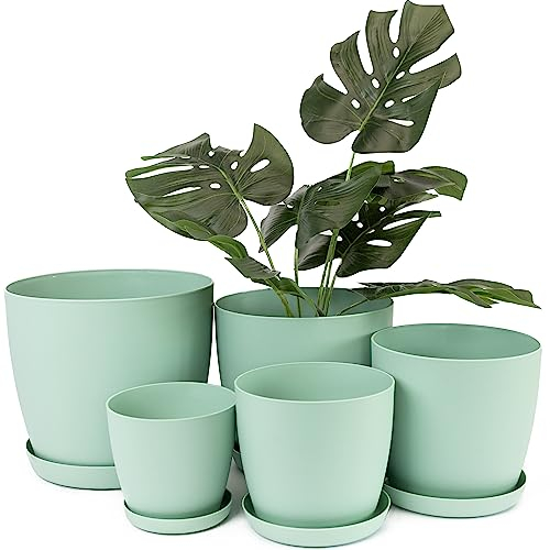 Home Garden Ornaments Green Plant Pots Indoor Set of 5 Sizes 9.5/12/14/16/18cm – Plant Pot with Mat Sufrace - Plastic Flower Pots Outside - Plastic Plant Pot Saucers (Green)