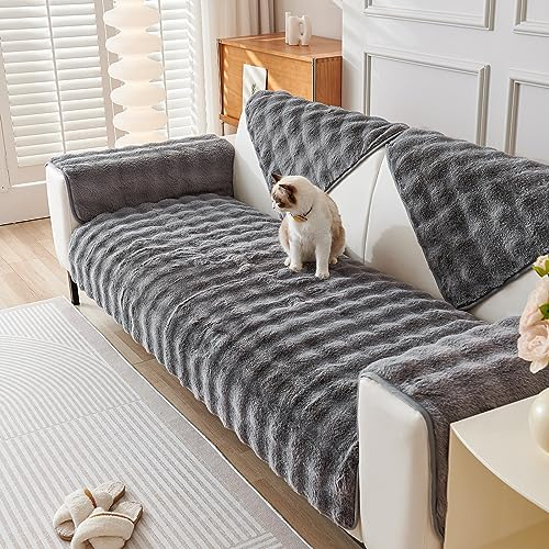 Rosnek Couch überwurf,Plüsch Superweich Sofaüberwurf rutschfest Sofabezug Sofaüberwurf Verdicktes Dekoration Für 2 3 Sitzer Sofa,2er 3er Sofa mit Armlehne,90x210 cm,Grau