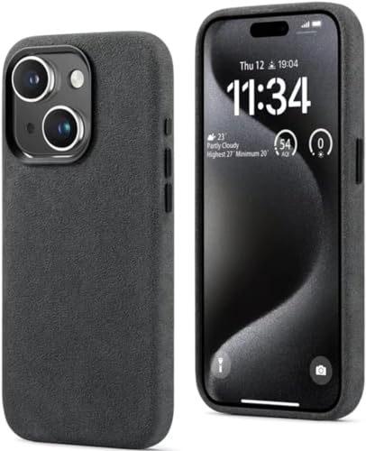 ETALYAN Alcantara Schutzhülle kompatibel mit iPhone 15, handgefertigt, vollständig umwickelt, synthetisches Wildleder, kompatibel mit Mag-Safe kabellosem Laden (iPhone 15, Schwarz)