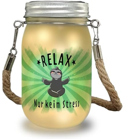 Faultier Solarlicht mit Spruch Relax nur kein Stress eine niedliche Dekolampe zum Entspannen meditierendes für Frauen Geburtstag Dekolicht Einmachglas nostalgischer Strick Henkel