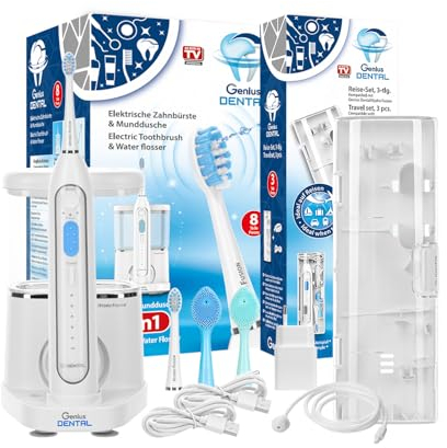 Genius Dental Hydro Fusion 2 in 1 Elektrische Zahnbürste 13tlg inkl. Mundspülung, 3 Modi 5 Wasserdruckstufen, Reiseetui, Wiederaufladbare Toothbrush für Zahnpflege, bis 15000 Bewegungen pro Minute