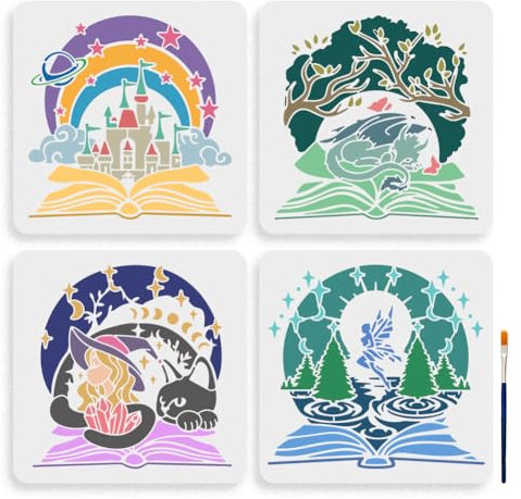 MAYJOYDIY Lot de 4 pochoirs en forme de livre magique de 30 x 29 cm - Grand pochoir château, sorcière, chat, elfe de la forêt avec pinceau - Modèle de dessin sur le thème du livre de rêve pour murs en