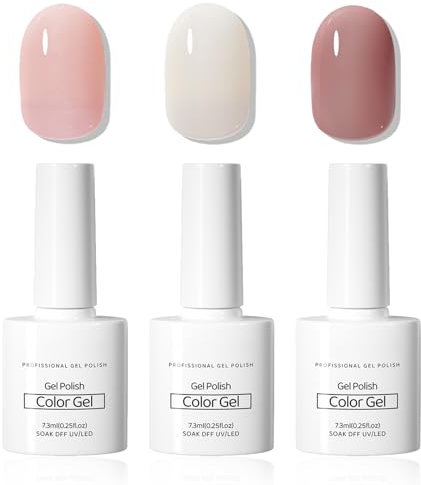 LUMKMAS Gel Nail Polish Set, Jelly Gel Nail Varnish, Translucent Spring Nail Polish Kit, Sheer Pink & Milky White French Manicure Gel Nail Polish Soak-Off UV/LED, 3Pcs Nude Nail Gel Gift