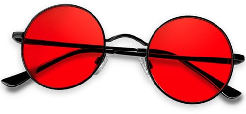KANASTAL Gafas de Sol Redondas Rojas Hombre Mujer Retro Vintage Pequeñas Red Round Sunglasses Metal Circulos UV400 - Montura Negras con Lentes Rojas