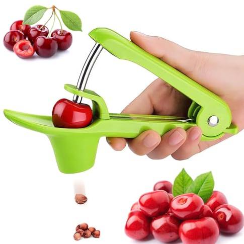 Cherry Boner, Stainless Steel Cherry Pitter Cherry and Olive Pitter with Space Saving Lock Design for Quick Removal of Fruit Kernels (Green)