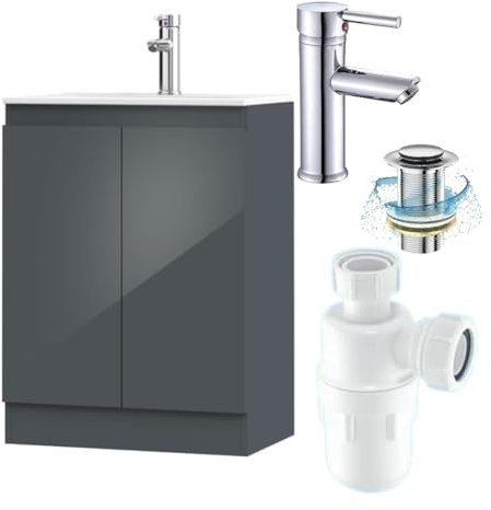 BELOFAY 600mm Under Sink Bathroom Cabinet Floor Standing Storage Cupboard Basin Vanity Unit, 600mm Laquered Cloakroom Vanity Unit with Basin, Trap and Waste, Tap not Included (Denvor Grey)