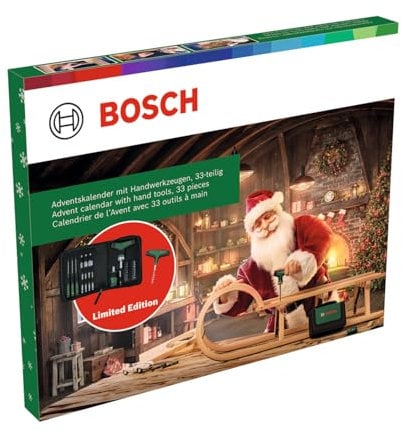 Bosch calendario avvento utensili manuali 2024, 33 pz. (set utens. cacciavite a cricchetto per bit, cacciaviti prec.; cacciavite per bit cric. corto; access.; cavatappi; custodia)