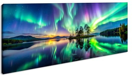 Leinwandbild Farbenprächtige Nordlichter tanzen über einem ruhigen See. Panorama Format: 100x50 cm XXL Kunstdruck Bild auf Keilrahmen/Wandbild/Wohnzimmer Deko