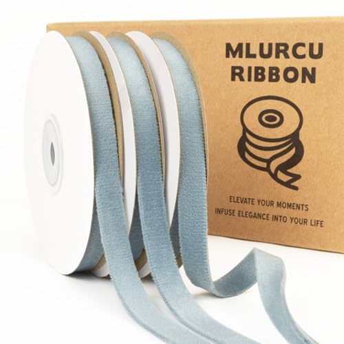 Mlurcu Cinta de terciopelo azul polvoriento de 3/8 pulgadas x 21 yardas, juego de cintas de terciopelo azul antiguo de doble cara para adornos de árbol de Navidad, envoltura de regalos, decoración de