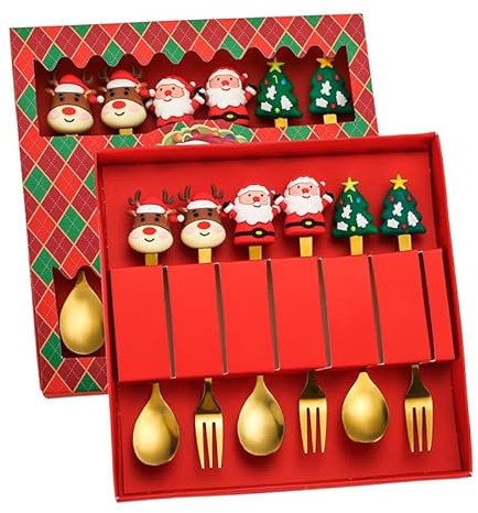 Christmas Coffee Spoon and Fork Set | 6-Piece Durable Stainless Steel Spoon and Forks Christmas Tree Santa Claus Adorable Christmas Tree and Santa Design | Perfect for Coffee, Tea, and Hot Chocolate