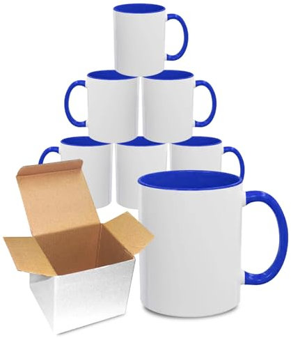 Sublimation Mugs 11oz Blank with Coloured Large Handle & Inner with Box | Durable, Ceramic Orca Finished Mugs Perfect for Custom & DIY Printing, for Loved Ones | Medium Blue Pack of 6