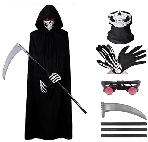 ELINA Costume Cape de Cosplay de Carnaval d'Halloween de Faucheuse-avec Faux de la Mort,Gants Squelette,des Lunettes Lumineuses et un Masque Squelette
