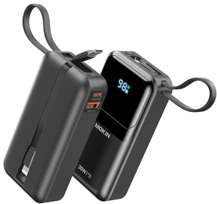 Portable Charger, 10000mAh Power Bank, 30W Fast Charging Battery Pack, USB-C, USB A, Bulit in 2 Cables iOS & Type C, Digital Display, Compact PowerBank Compatible with iPhone 16/15/14/13,Black