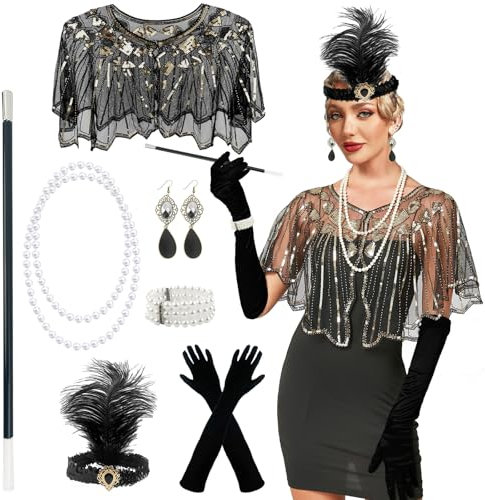GOTRUST 20er Jahre Accessoires Damen Schwarz Great Gatsby Accessoires 1920er Kostüm Flapper Accessoires 1920s Zubehör Set für Frauen für Abschlussball Halloween Neujahr