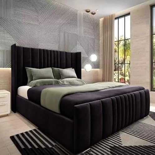 S&W DECORE 4FT Small Double Wingback Bed Frame With Mattress And Headboard Upholstered In Black Plush Velvet Bed Frame Wooden Slats - No Storage (Black, 4FT Small Double Bed With Mattress)