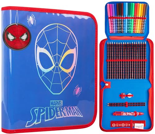 Marvel Spiderman Filled Pencil Case for Boys Stationery Set Colouring Pencils Felt Tip Pens Large Capacity Back to School Supplies Gifts for Boys (Blue)