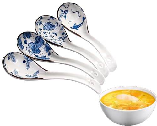 LATRAT Cucharas de sopa asiáticas de 4 piezas, diseño único ramen cucharas de cerámica, cuchara de mango largo para albóndigas, fideos de arroz, wonton,pasta y sopas