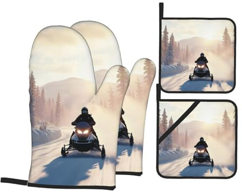 4 Pcs Snowmobile Oven Mitts and Potholders,Kitchen Oven Glove with Pot Holders,Non-Slip Gloves High Heat Resistant 500 Degree for BBQ, Grill, Baking, Cooking, Oven, Microwave