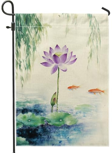 Elegante violette Seerosen-Gartenflagge, lebendiges florales dekoratives Banner für Frühling, Outdoor-Dekoration, doppelseitige Stoffflagge für Haus und Rasen, ruhiges Wasserszenen-Design, 30,5 x 45,7