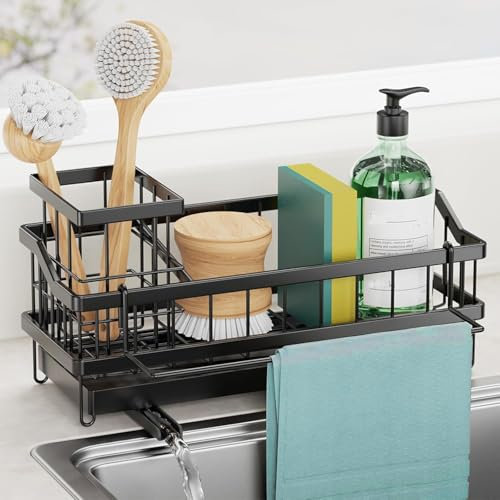 JYFKINN Kitchen Caddy Sink Organizer, Stainless Steel Sponge Holder with Auto Drain Tray, Detachable Towel and Brush Holder,Countertop Sink Tidy Kitchen Organiser