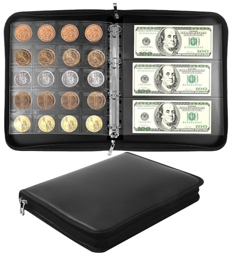 Coin Collection Book Album Holder for Collectors, 400 Pockets Fireproof Coin Collection Book & 36 Paper Money Organizer Binder for Coin Currency Collection Supplies,Bill,Pennies,Badges,Tokens