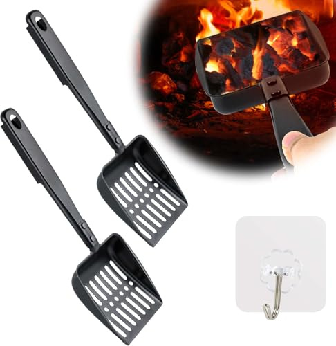 2PCS Fireplace Ash Sifter Shovel 13Inch Hollow Out Fireplace Ash Sifter Metal Coal Shovel Heat Resistant Fireplace Scoop Charcoal Shovel Black Fireplace Shovel Ash Sifter with 2PCS Self-Adhesive Hooks