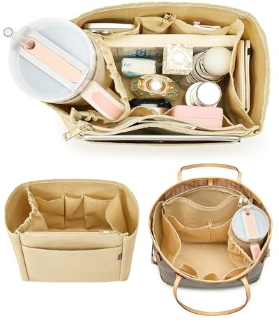 TOVICE Tote Bag Organizer Insert with Stanley Cup Holder and Zipper Bag, Compatible with Neverfull, Saint Louis and More, 9 Pockets (Beige, Large)