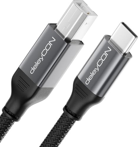 deleyCON 7,5m USB C Cable de Impresora (para Impresoras, Escáneres, MIDI) Cable USB-C a USB-B Trenzado + Conector Metálico para Epson HP Samsung Canon Brother iPhone 16 15 Portátil Tablet MacBook