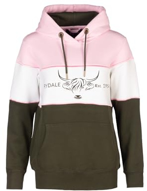 Rydale Ladies Overhead Country Hoody Highland Cow Embroidery Women's Jumper (UK, Numeric, 16, Regular, Regular, Cow Sorbet/White/Olive)