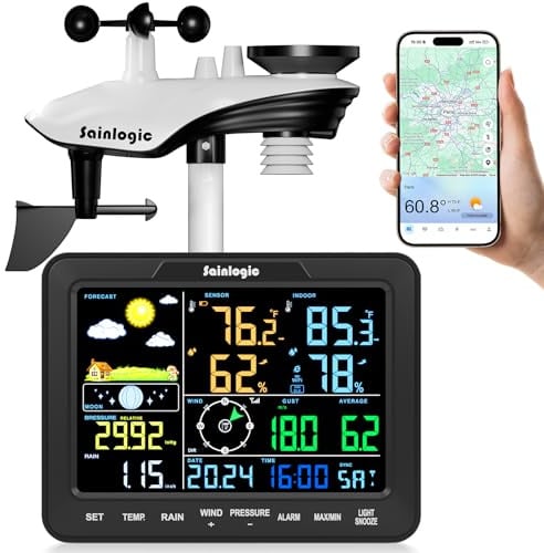 Sainlogic WiFi Station Météorologique Intelligente Sans Fil, Prévision Météo IA 24/7 Weatherseed®, Alerte App/Courriel, Anémomètre et Pluviomètre Numériques, Stockage de Données de 2 Ans