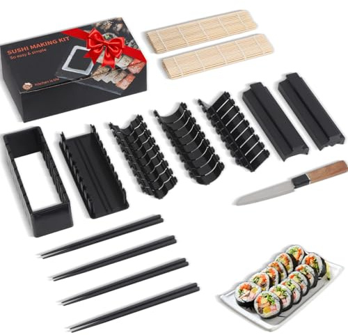 MLRYH Sushi Making Kit Sushi Maker, 14 Pcs Sushi Kit for Beginners Sushi Roller Kit with Sushi Cutting Mold, Knife, Sushi Mats, Chopsticks(Black)