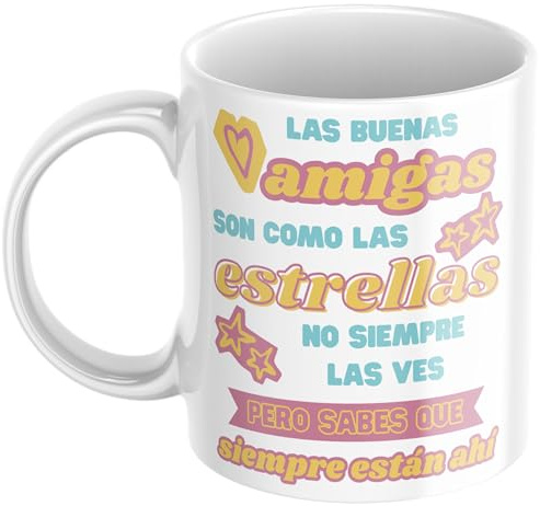 Quodelo Taza Amiga de Cerámica AAA 350 ml con Frase Emotiva Estrellas Perfecta como Regalo de Cumpleaños para tu Mejor Amiga o Compañera Apta Microondas y Lavavajillas