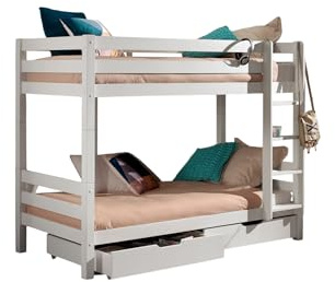 FURNLUX Pino Etagenbett, 90x200 cm, Weiß, Massivholz Kiefer, mit Leiter und 2 Schubladen, 106x210x161 cm