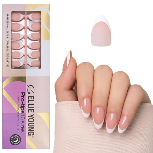Ellie Young 150pcs Press On Nails Nude Short Almond Nail French Tip,15 Sizes, PROTIPS Gel Acrylic Nail Extensions for Easy DIY Natural Look(ONLY NAILS) French Short Almond