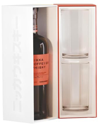 NIKKA - Coffey Grain, sans étui, Whisky Japonais, Single Grain - Coffret deux verres highball - Notes de Miel & Epices - Origine : Japon/Honshu-Miyagi - 45% Alcool - 70 cl + 2 verres