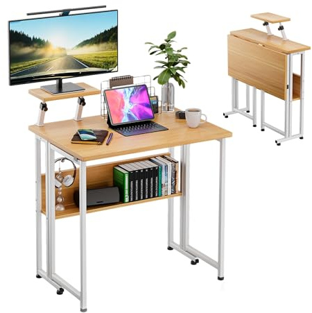 Wood Small Folding Computer Table with Monitor Stand, Movable Laptop Notebook PC Desk with Wheels for Home Office Bedroom Writing Study, White Frame and Wood Color Top, Simple Assembly, 80x58x75 cm
