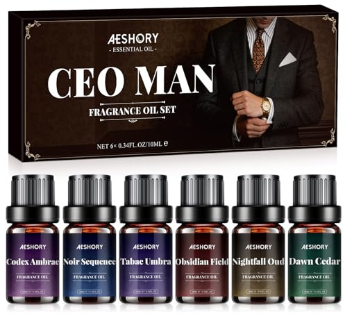 AESHORY CEO Mann Ätherische Öle Set für Diffuser 6 x 10ML, Aromatherapie Duftöl Geschenkset für Kerzenherstellung - Dawn Cedar, Nightfall Oud, Obsidian Field, Tabac Umbra, Noir Sequence, Codex Ambrae