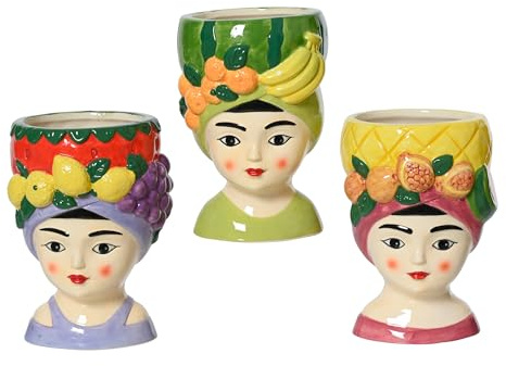 Decoris Blumentopf Frau mit Fruchthut 9,5x13,5cm Keramik 1 Stück Sortiert - Übertopf Pflanzentopf Frauenkopf mit Früchten - Dekotopf