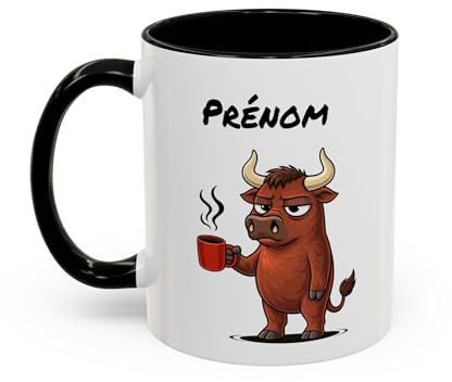 Teecustom Mug Taureau Personnalisable 325ml – Tasse Café Humour Animal Signe Astrologique Taureau Drôle Cadeau Homme Femme Bureau Fatigue Noir