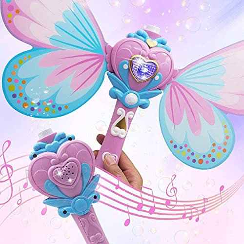 Kidloop Magic Bubble Wand Blower, Musical Light Up Butterfly Fairy Stick Bubbles Marker Toy for Kids, Party Wedding Outdoor Activity Bubble Machine with 2 Bottle Bubbles Refill (Pink)
