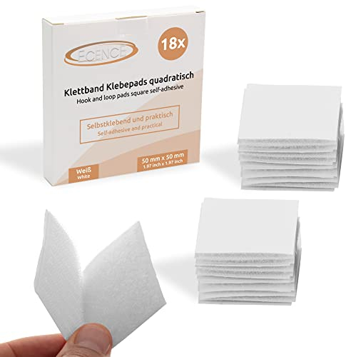 ECENCE 18 Stück Klettband selbstklebend extra stark, quadratisch 50x50mm, Klettverschluss selbstklebend Weiss, Klebepads für Wände, Boden, Türen, Auto