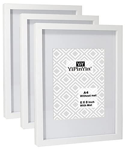 YiPinYin Bilderrahmen, A4, mit Passepartout für A5 (15,2 x 20,3 cm), A4-Galerie-Bilderrahmen mit Halterung für A5, 15,2 x 20,3 cm Bilderrahmen mit Echtglas, A4, A5, Weiß, 3 Stück