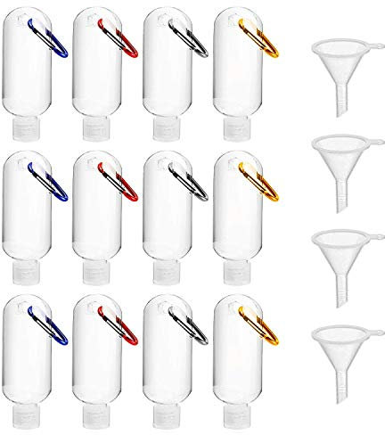 Refillable Hand Sanitiser Bottle with Clip and Funnels, 12Pcs 50ml Empty Plastic Bottles, Travel Bottles for Liquids with Keyring, Travel Bottle Containers for Cosmetics Outdoor Camping