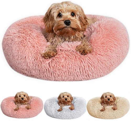 Caveli Pet Products Katzenbett Hundebett Kleine Rund Donut Waschbar für Hunde bis 10kg Pink Abnehmbarer Bezug 60 cm Rosa Anti-Angst Katzenkorb