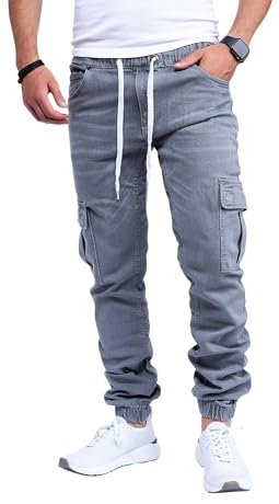 Styleko Herren Cargo Jeans Hose für Männer Jungen Regular Slim Fit Denim Destroyed Jogger Freizeithose Casual Pants Stretch | 7 Taschen 8004 (Grey, 30)