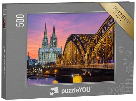 puzzleYOU: Puzzle 500 Teile „Kölner Dom und Hohenzollernbrücke bei Sonnenuntergang“ – aus der Puzzle-Kollektion Köln, Städte, Brücken, Kirchen, Kölner Dom, Architektur, Christentum, Deutsche Städte