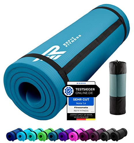 REFIT FITNESS Gymnastikmatte Profi 190 x 60 x 1.0 cm Petrolblau Blau PainProtect SmartCell NBR rutschfeste Yoga Matte Pilates Sport Gymnastik Yogamatte 10 MM Sportmatte Tragegurt Tasche